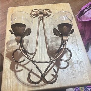 Vintage Double Wall Sconce Metal Candle Holder Copper Italian Tole Rose Flower